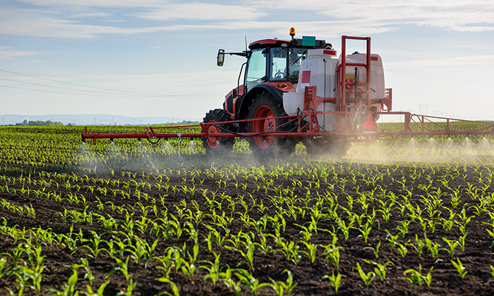 Tracteur en train de déposer des pesticides sur ces cultures