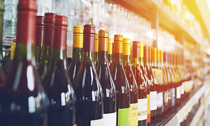 Photo de bouteilles de vin dans un rayon de supermarché